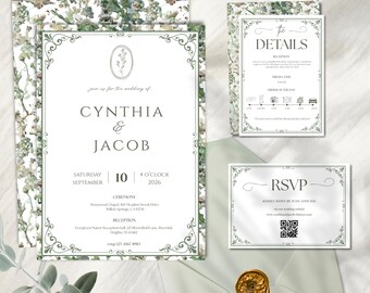 Può includere: Set di partecipazioni di nozze con un design floreale, tra cui un invito per Cynthia e Jacob. Il design presenta i dettagli della cerimonia e del ricevimento, un biglietto RSVP e una busta sigillata con un sigillo di cera dorata.
