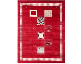 Hand Knotted Gabbeh Wool Rug 8x10: Tribal Geometric Patchwork