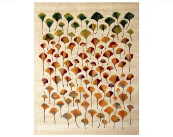Hand Knotted Ginkgo Leaf Wool Rug - Botanical Ivory Green Rust - 8x10