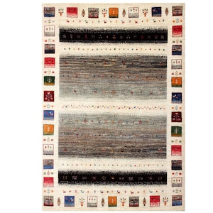 Hand Knotted Gabbeh Tribal Wool Rug 6x8 Beige Multi Decorative Border