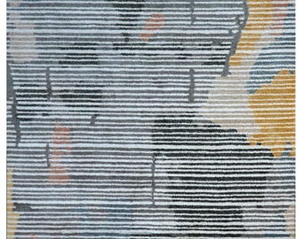 Hand Tufted Wool Area Rug – Abstract Stripes, Blue Yellow Grey Modern Design