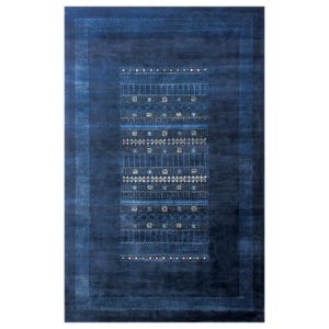 May include: A rectangular, dark blue rug with a central patterned design. The rug features a border and a central panel with geometric patterns in shades of blue, white, and red. The rug's design is symmetrical and detailed, suitable for home decor.