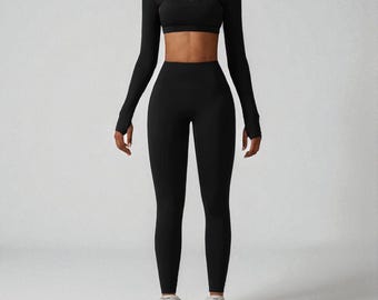Frauen Nahtlose Yoga Set - Trainingskleidung Gym Leggings Sport BH Crop Top Langarm Fitness Outfit Sportkleidung Activewear
