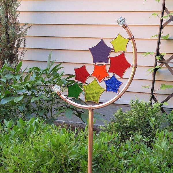 Star Crescent Garden Decor©. Tall 30 or 50 inch star stained glass & copper yard art stake.  Celestial outdoor suncatcher gift for gardeners