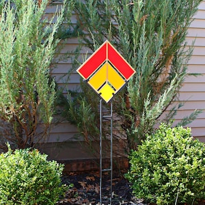 Art Deco Glass Garden Stake. Wrought Iron Stand included. Bright opaque stained glass. Red Orange Yellow. Modern garden decor. Gift Idea.