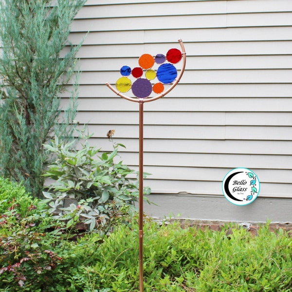 Tall Circle Crescent stained glass yard art stake. Celestial copper garden decoration. Glass sun catcher sculpture. Great gift for gardeners
