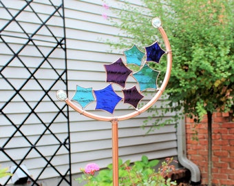 Star Crescent Garden Decor©. Tall 30 or 50 inch star stained glass & copper yard art stake.  Celestial outdoor suncatcher gift for gardeners