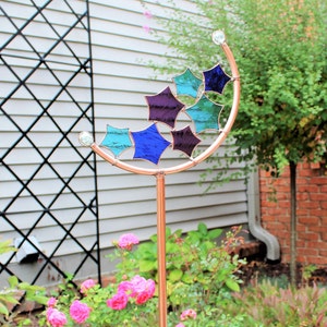 Star Crescent Garden Decor©. Tall 30 or 50 inch star stained glass & copper yard art stake.  Celestial outdoor suncatcher gift for gardeners