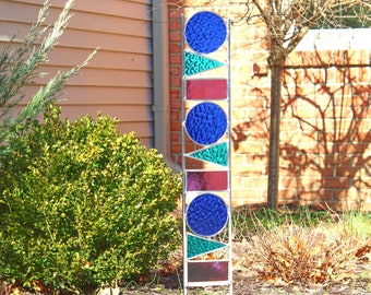 Geometric Glass Garden Art Stake. Blue, Peacock & Purple. Tall stained glass sculpture yard decor. Unique gardening gift idea.