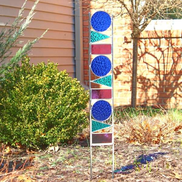 Geometric Glass Garden Art Stake. Blue, Peacock & Purple. Tall stained glass sculpture yard decor. Unique gardening gift idea.