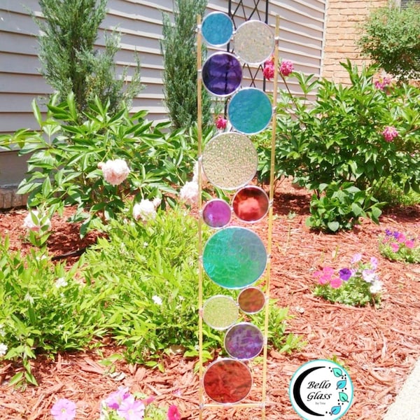 The Original Circle Glass Garden Decor©.  Aqua, purple and grape. Garden art stake decor metal sculpture.