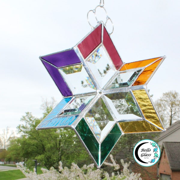 3D stained glass spinner. Twirling jewel colors. Hanging beveled prism sun catcher for inside outside. Expertly handcrafted home decor