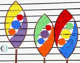 Tall Stained Glass Garden Art Stake 56". Ellipse shape in primary colors. You pick 1, 2 or 3. Modern garden decor great gift for gardeners.