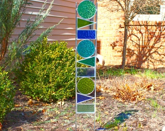 Geometric Glass Garden Art Stake. Shades of Green and Blue. Tall stained glass sculpture yard decor. Unique gardening gift idea.