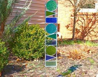 Stained Glass Garden Art Stake. Geometric Green & Blue Yard Decor. Long and Narrow.