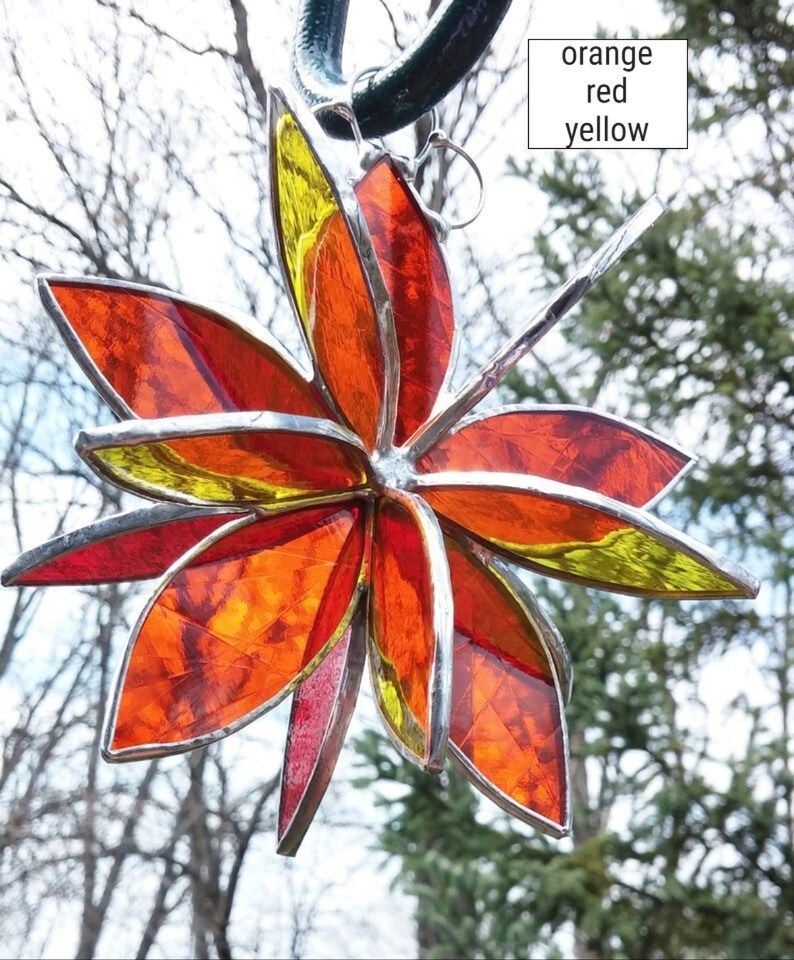 Stained glass hanging flower suncatcher. Orange Red Yellow. Garden art and home decor. 2 sizes. Indoor or outdoor decoration. image 2