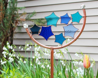 Star Crescent Garden Decor©. Tall 30 or 50 inch star stained glass & copper yard art stake.  Celestial outdoor suncatcher gift for gardeners