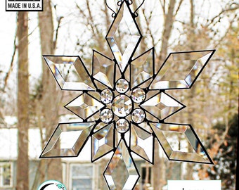 Glass Beveled Star Snowflake. Winter Decor. Prism Maker Suncatcher. Starry Wedding Stars. Brilliant Reflection. 2 Finishes.