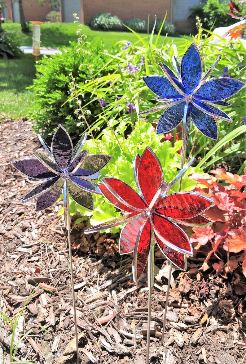 Set of 3 Stained Glass Flower Garden Stakes. Colorful Garden Etsy