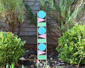 Turquoise Pink Green Geometric Glass Garden Art Stake. Opaque glass. Tall stained glass sculpture yard decor. Unique gardening gift idea.