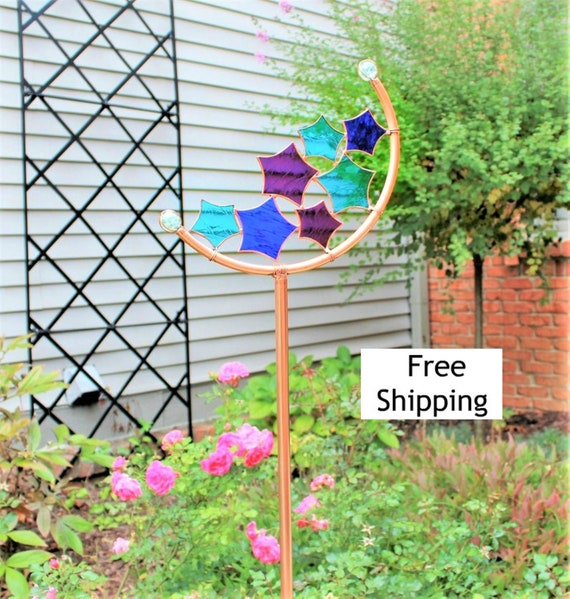Tall 30 50 Crescent Star Stained Glass Garden Art Stake Copper Yard Decoration In Blue Purple And Aqua Outdoor Gift Idea For Gardeners Crescent Star Stained Glass Garden Art, Outdoor Stained Glass Yard Art