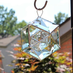 Stained glass beveled suncatcher double hanging orb. 12 bevels. Silver finish. Handcrafted. Gift idea for bridesmaids, weddings, birthdays.