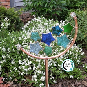 Star Crescent Garden Decor©. Tall 30 or 50 inch star stained glass & copper yard art stake.  Celestial outdoor suncatcher gift for gardeners