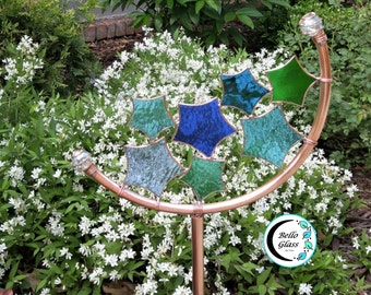 Stained Glass Star Garden Stake. Copper Crescent Suncatcher. Blues & Greens