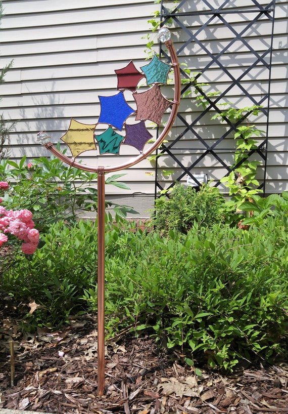 Stained Glass Star Crescent Garden Stake. Copper Yard Art. Jewel Tones