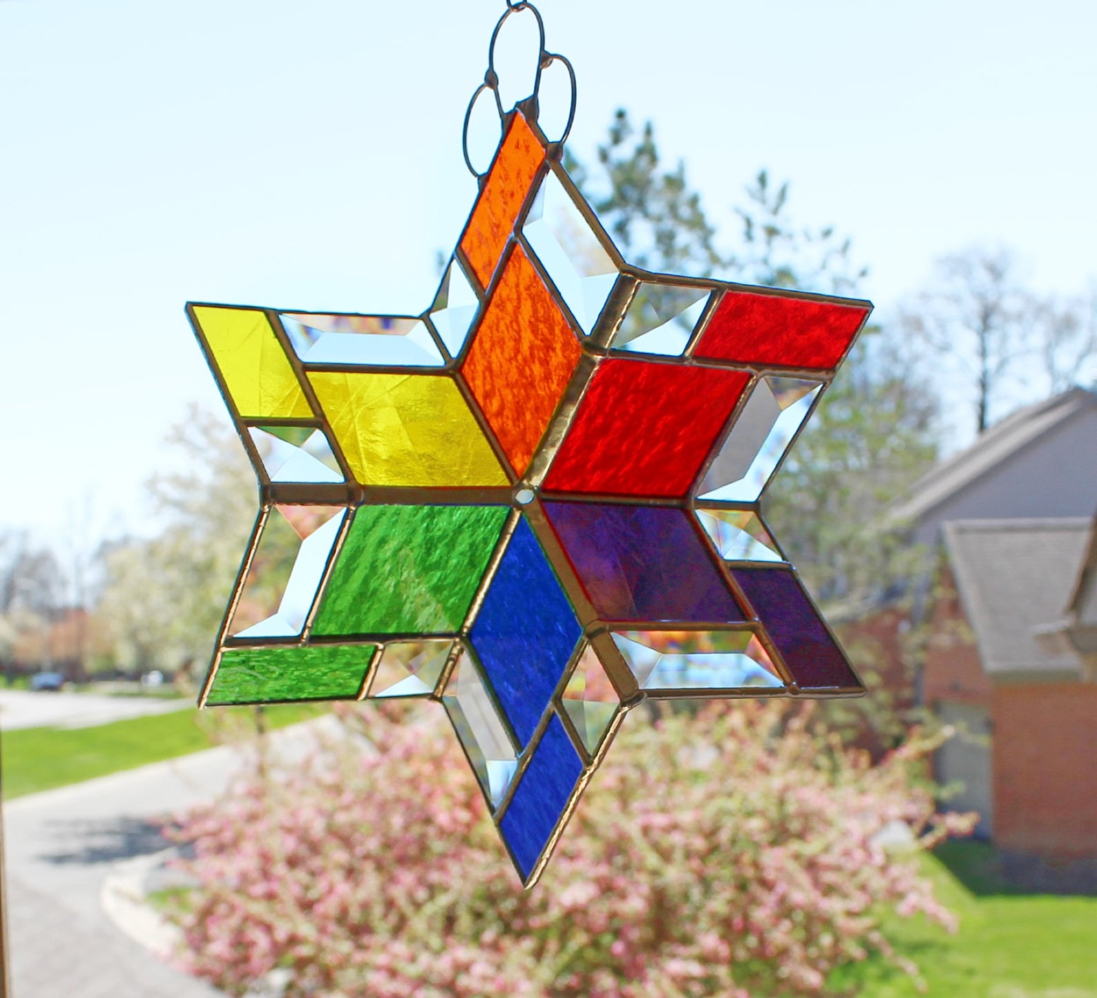 3D stained glass spinner. Twirling rainbow colors. Hanging Etsy