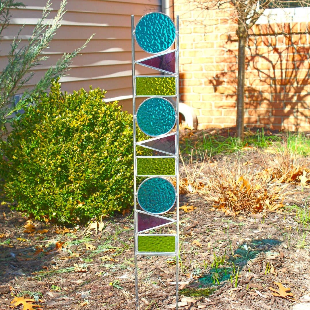 Geometric Glass Garden Art Stake. Peacock, Purple & Lime. Tall Stained Glass Sculpture Yard