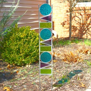 Geometric Glass Garden Art Stake. Peacock, Purple & Lime. Tall stained glass sculpture yard decor. Unique gardening gift idea.