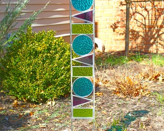 Geometric Glass Garden Art Stake. Peacock, Purple & Lime. Tall stained glass sculpture yard decor. Unique gardening gift idea.