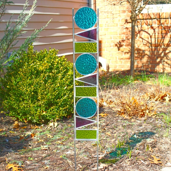 Geometric Glass Garden Art Stake. Peacock, Purple & Lime. Tall stained glass sculpture yard decor. Unique gardening gift idea.