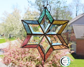 3d stained glass spinner. Twirling pastels colors. Hanging beveled prism sun catcher for inside or outside. Expertly handcrafted home decor.