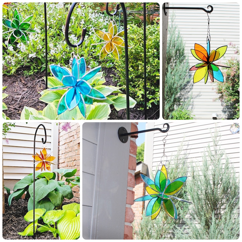 Stained glass hanging flower suncatcher. Orange Red Yellow. Garden art and home decor. 2 sizes. Indoor or outdoor decoration. image 5