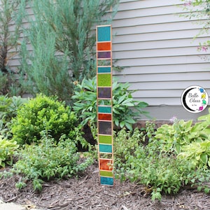 Tall Garden Sentry stained glass 44&quot; stake with copper frame. Transparent bright tones. Beautiful eye catching statement yard decoration.