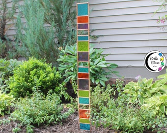 Best Selling Tall Glass Garden Sentry. Stained glass 44" stake. Bright Tones. Beautiful eye catching copper framed yard decoration.