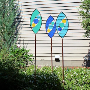 Tall Stained Glass Garden Art Stake 56 inch. Ellipse shape in ocean colors. You pick 1, 2 or 3. Modern garden decor great gift for gardeners
