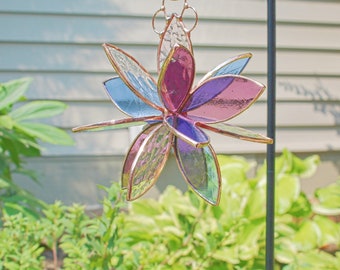 Copper Finished Stained glass hanging flower suncatcher. Iridescent, pale blue & purple. Garden art and home decor. 2 sizes. Indoor Outdoor.