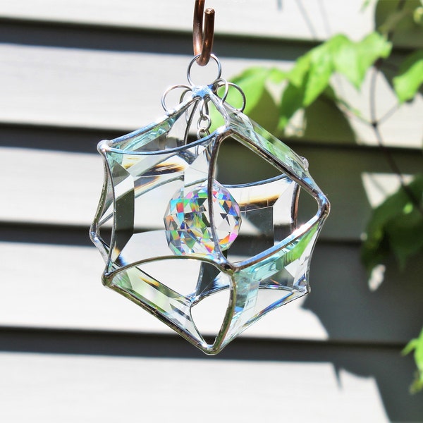 Unique stained glass suncatcher.  Silver small glass star sun catcher with crystal orb. Beveled hanging boho chic modern ornament sculpture.