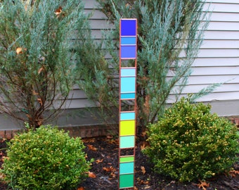 Best Selling Tall Glass Garden Sentry. Stained glass 44" stake. Opaque greens & blues. Beautiful eye catching copper framed yard decoration