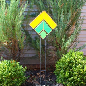Art Deco Glass Garden Stake. Wrought Iron Stand included. Bright opaque stained glass. Marigold & Greens. Modern garden decor. Gift Idea.