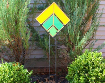 Art Deco Glass Garden Stake. Wrought Iron Stand included. Bright opaque stained glass. Marigold & Greens. Modern garden decor. Gift Idea.