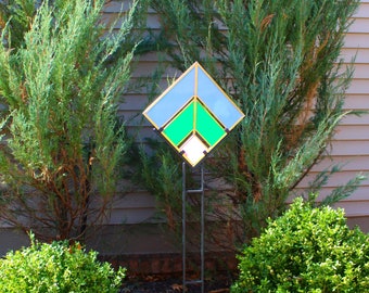 Pink Blue Green Art Deco Glass Garden Stake. Wrought Iron Stand included. Bright opaque stained glass. Modern garden decor. Gift Idea.