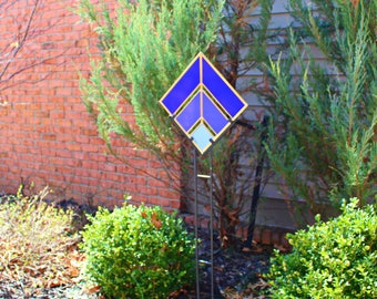 Art Deco Glass Garden Stake. Wrought Iron Stand included. Bright opaque stained glass. Shades of Blue. Modern garden decor. Gift Idea.