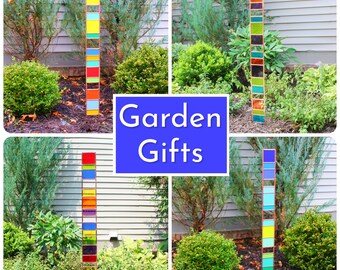 Garden Gifts. 44" Tall Glass Garden Sentry. 7 colors. Stained glass garden art stake. Beautiful eye catching copper framed yard decoration.