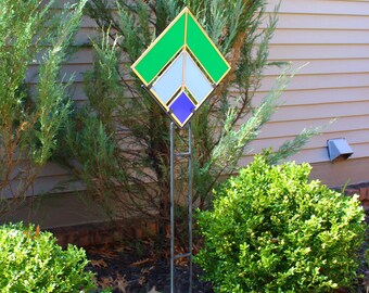 Art Deco Glass Garden Stake. Wrought Iron Stand included. Bright opaque stained. Blues and Green. Modern garden decor. Gift Idea.