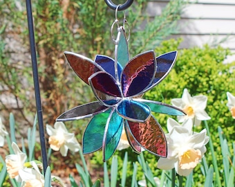 Stained glass hanging flower suncatcher. Aqua Purple Grape.  Garden art and home decor. 2 sizes. Indoor Outdoor. Great gift idea.
