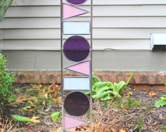 Pink Purple White Geometric Glass Garden Art Stake. Opaque glass. Tall stained glass sculpture yard decor. Unique gardening gift idea.